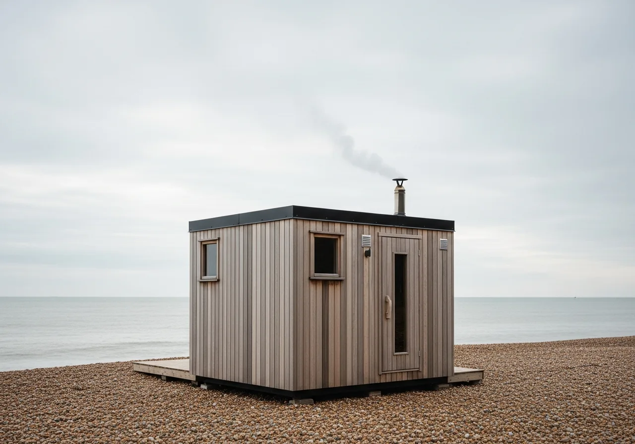 A small wood-clad box sauna on a shingle beach under a grey British sky, smoke rising from its flue.