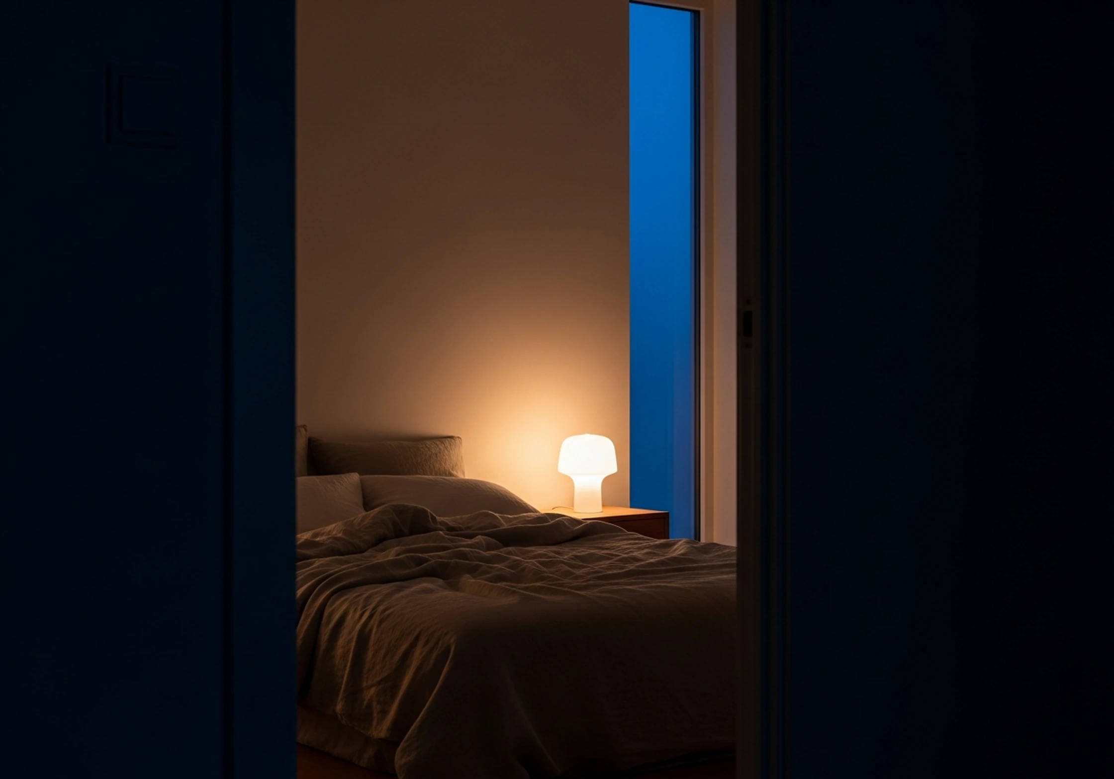 A dim, calm bedroom at night with rumpled linen bedding and a softly glowing bedside lamp.
