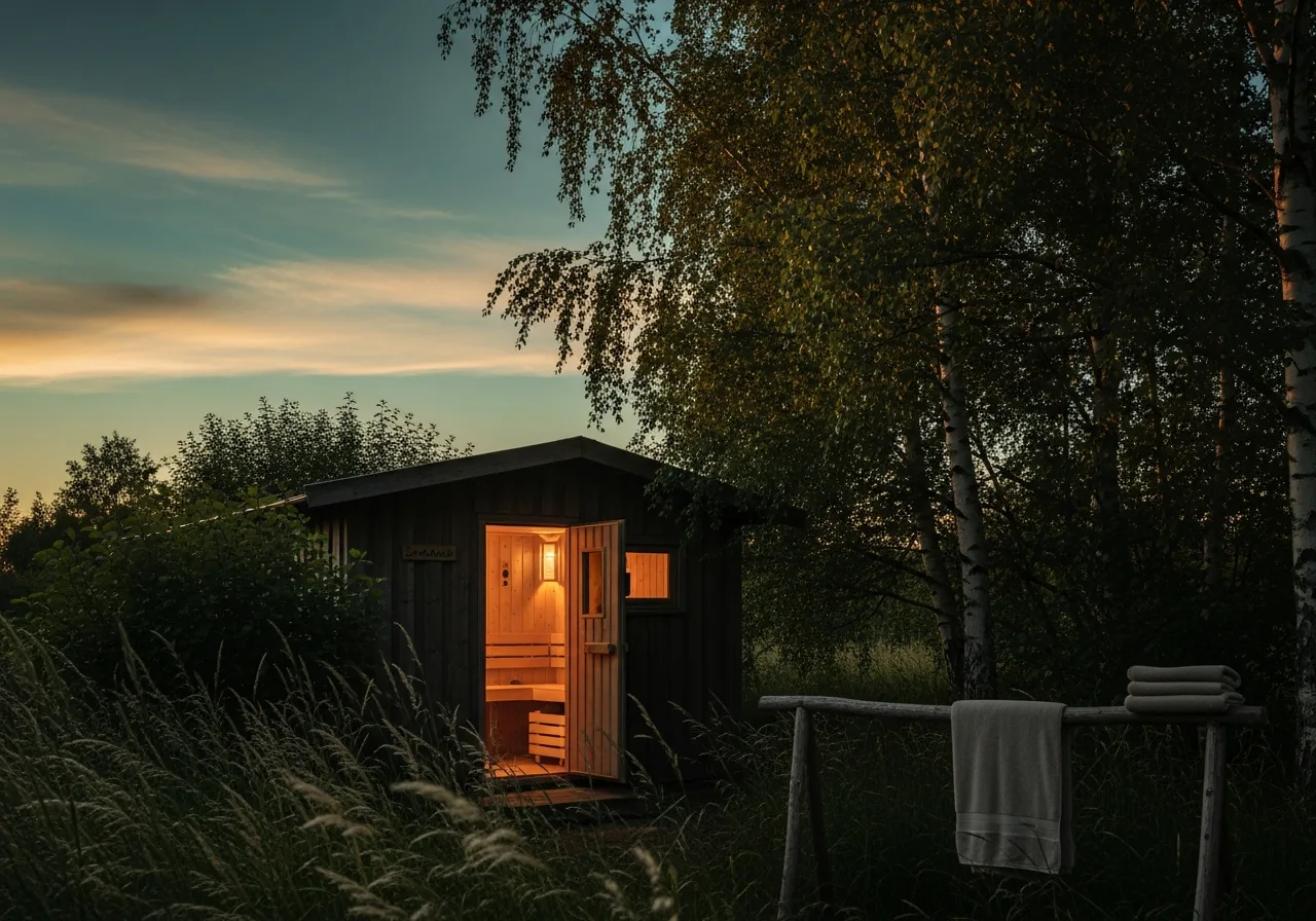A timber sauna cabin in a garden at dusk, door ajar with warm light inside, under a long midsummer evening sky.